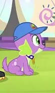 Size: 109x184 | Tagged: safe, derpibooru import, screencap, spike, spike the regular dog, dog, equestria girls, legend of everfree, cap, hat, picture for breezies, smiling, solo