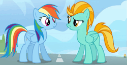 Size: 651x334 | Tagged: safe, derpibooru import, screencap, lightning dust, rainbow dash, pony, wonderbolts academy, animated, blinking, cropped, duo, gif, happy, high five, open mouth, spread wings, talking, wing hands