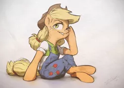 Size: 1200x850 | Tagged: safe, artist:assasinmonkey, derpibooru import, applejack, earth pony, pony, semi-anthro, clothes, cowboy hat, crossed hooves, dungarees, female, freckles, hat, head on hoof, mare, overalls, signature, sitting, solo, stetson