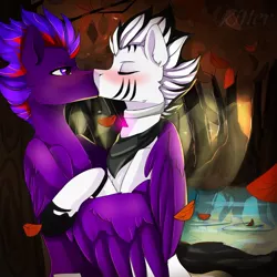 Size: 1080x1080 | Tagged: safe, artist:ritter, derpibooru import, oc, oc:purple force, oc:zerus, unofficial characters only, pegasus, pony, zebra, bandana, blushing, collar, eyes closed, falling leaves, forest, gay, hug, kissing, lake, love, male, oc x oc, romance, shipping, spring, stallion, wings