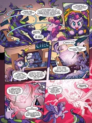 Size: 720x960 | Tagged: safe, artist:tonyfleecs, derpibooru import, idw, pinkie pie, rainbow dash, shadow lock, twilight sparkle, twilight sparkle (alicorn), alicorn, earth pony, pegasus, pony, unicorn, from the shadows, spoiler:comic, spoiler:comic52, book, comic, eldritch abomination, female, library, lovecraft, magic, male, mare, official comic, preview, speech bubble, stallion, tentacles
