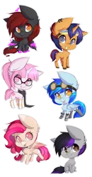 Size: 600x1155 | Tagged: safe, artist:teranen, derpibooru import, oc, oc:electric spark, oc:jey, oc:stormy skies, unofficial characters only, earth pony, pegasus, pony, unicorn, chibi, clothes, colored pupils, commission, glasses, goggles, jewelry, looking at you, necklace, scarf, simple background, tongue out, transparent background