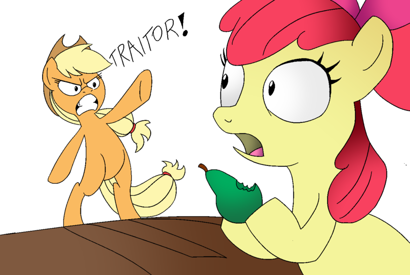 Size: 1400x940 | Tagged: safe, artist:bgf, artist:mr square, derpibooru import, apple bloom, applejack, pony, betrayal, bipedal, caught, dishonorapple, fn-2199, food, hilarious in hindsight, hoof hold, pear, pearesy, spoilers for another series, star wars, star wars: the force awakens, that pony sure does hate pears, tr-8r, traitor