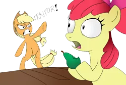 Size: 1400x940 | Tagged: safe, artist:bgf, artist:mr square, derpibooru import, apple bloom, applejack, pony, betrayal, bipedal, caught, dishonorapple, fn-2199, food, hilarious in hindsight, hoof hold, pear, pearesy, spoilers for another series, star wars, star wars: the force awakens, that pony sure does hate pears, tr-8r, traitor
