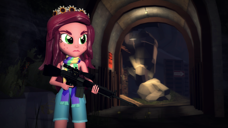 Size: 1920x1080 | Tagged: safe, artist:razethebeast, derpibooru import, gloriosa daisy, equestria girls, legend of everfree, 3d, clothes, gun, serious, serious face, solo, source filmmaker, weapon