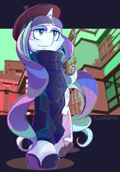 Size: 1600x2285 | Tagged: safe, artist:tyuubatu, derpibooru import, rarity, pony, unicorn, sweet and elite, alternate hairstyle, beatnik rarity, beret, clothes, eyeshadow, hat, lidded eyes, makeup, shoes, smiling, solo, sweater