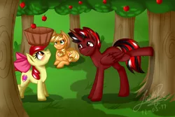 Size: 1800x1200 | Tagged: safe, artist:jack-pie, derpibooru import, apple bloom, applejack, oc, alicorn, pony, alicorn oc, apple, apple tree, applebucking, balancing, basket, commission, cowboy hat, female, filly, food, fruit, harvest, hat, red and black oc, signature, stetson, the cmc's cutie marks, tree