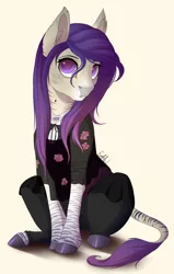 Size: 2000x3143 | Tagged: artist:evehly, clothes, colored pupils, derpibooru import, donkey, ear fluff, female, hybrid, jewelry, necklace, oc, oc:nikki, purple eyes, purple hair, quadrupedal, safe, sitting, solo, unofficial characters only, zebra, zonkey
