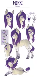 Size: 2200x4500 | Tagged: absurd resolution, artist:evehly, bags under eyes, choker, colored pupils, derpibooru import, donkey, female, hybrid, jewelry, necklace, oc, oc:nikki, piercing, purple eyes, purple hair, quadrupedal, reference sheet, safe, solo, stripes, unofficial characters only, zebra, zonkey