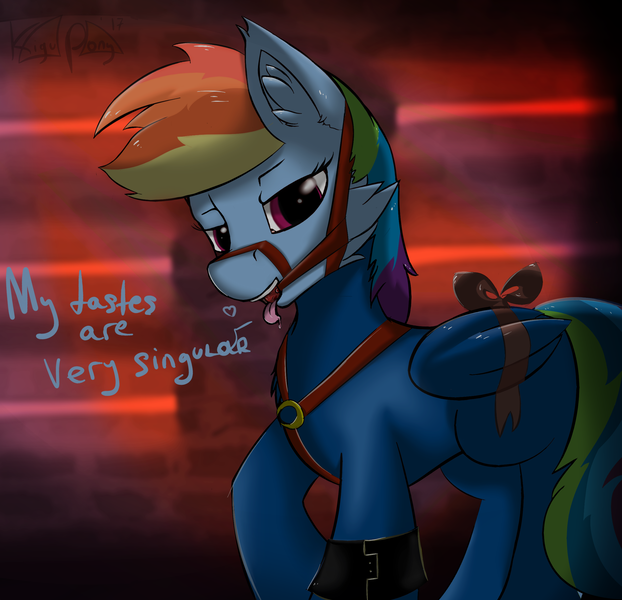 Size: 2746x2650 | Tagged: suggestive, artist:kigupony, derpibooru import, rainbow dash, ballgag, bdsm, bridle, cuff, ear fluff, fifty shades of grey, gag, harness, heart, ribbon, solo, tack, tongue out