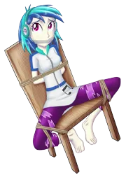 Size: 2133x2959 | Tagged: suggestive, artist:artemis-polara, derpibooru import, vinyl scratch, equestria girls, barefoot, bondage, chair, cloth gag, clothes, feet, gag, leggings, missing accessory, simple background, solo, tied up, transparent background