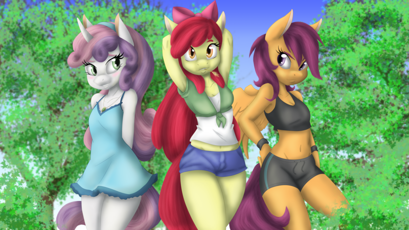 Size: 6000x3375 | Tagged: safe, artist:ambris, artist:kurausuki, derpibooru import, apple bloom, scootaloo, sweetie belle, anthro, earth pony, pegasus, unicorn, absurd resolution, arm behind head, armpits, belly button, blushing, bow, clothes, cutie mark crusaders, dress, female, hair bow, midriff, nubile, older, sports bra, sports shorts, wallpaper