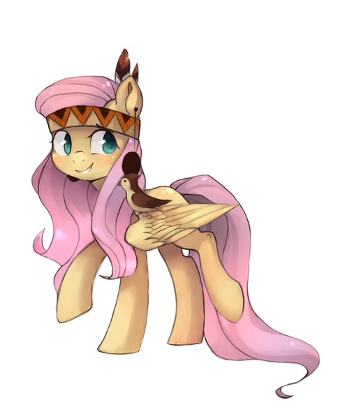 Size: 2035x2524 | Tagged: safe, artist:share dast, derpibooru import, fluttershy, bird, pegasus, pony, feather, female, fluttersquaw, headband, looking at something, looking sideways, mare, native american, one wing out, raised hoof, raised leg, simple background, smiling, solo, walking, white background