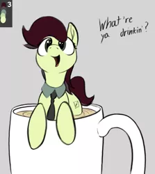 Size: 891x1000 | Tagged: dead source, safe, artist:graboiidz, derpibooru import, oc, unnamed oc, unofficial characters only, pony, cup, cup of pony, cute, dialogue, image, micro, necktie, offscreen character, png, solo