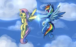 Size: 3200x2000 | Tagged: safe, artist:valcron, derpibooru import, fluttershy, rainbow dash, pegasus, pony, duo, female, floating, floppy ears, flying, hoofbump, looking at each other, mare, one eye closed, sky, smiling, spread wings, underhoof, wink