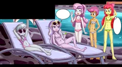 Size: 1488x821 | Tagged: suggestive, artist:anibaruthecat, derpibooru import, apple bloom, diamond tiara, scootaloo, silver spoon, sweetie belle, equestria girls, after classes, armpits, bandeau, barefoot, belly button, bikini, breasts, clothes, cropcon, cropped, cutie mark crusaders, feet, navel cutout, one-piece swimsuit, swimsuit