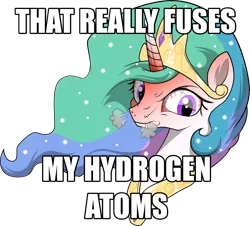 Size: 2497x2261 | Tagged: safe, artist:amberpendant, derpibooru import, princess celestia, pony, angry, crown, female, fusion, hydrogen, image macro, implied nuclear fusion, jewelry, jimmies, mare, meme, peytral, physics, ragelestia, reaction image, regalia, rustled my jimmies, science, simple background, solo, transparent background