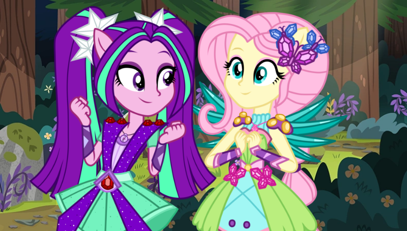 Size: 800x455 | Tagged: safe, artist:3d4d, artist:mixiepie, artist:pink1ejack, derpibooru import, aria blaze, fluttershy, equestria girls, legend of everfree, alternate universe, ariashy, clothes, crystal wings, female, flutterblaze, forest, lesbian, ponied up, shipping, super ponied up