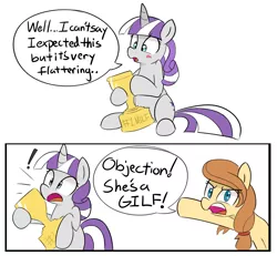 Size: 2230x2057 | Tagged: safe, artist:lance, derpibooru import, twilight velvet, oc, oc:cream heart, pony, blushing, comic, dialogue, exclamation point, gilf, milf, objection, pointing, simple background, sitting, speech bubble, surprised, trophy