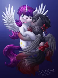 Size: 1024x1365 | Tagged: safe, artist:novaintellus, derpibooru import, oc, oc:cryonagemoon, oc:twily star, unofficial characters only, alicorn, pony, alicorn oc, bow, duo, eyes closed, kissing
