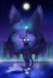 Size: 1216x1792 | Tagged: safe, artist:nifka22-02, derpibooru import, princess luna, alicorn, classical unicorn, pony, cloven hooves, floppy ears, glowing eyes, leonine tail, magic, mare in the moon, moon, multiple wings, ripple, solo, spread wings, unshorn fetlocks, water