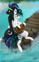 Size: 600x959 | Tagged: safe, artist:black-opal1, derpibooru import, oc, oc:gitara, unofficial characters only, duck, pegasus, pony, guitar, hoof hold