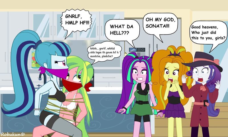 Size: 1153x692 | Tagged: suggestive, artist:robukun, derpibooru import, adagio dazzle, aria blaze, lemon zest, rarity, sonata dusk, equestria girls, bondage, bound together, bra, breasts, cloth gag, clothes, detective, detective rarity, dialogue, gag, muffled moaning, panties, the dazzlings, tied up, underwear