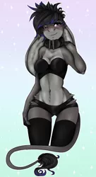 Size: 680x1253 | Tagged: anthro, anthro oc, artist:kawaiipotatonerd, big ears, blushing, breasts, cleavage, clothes, collar, derpibooru import, donkey, female, leather, oc, oc:tara, socks, solo, suggestive, thigh highs, unofficial characters only