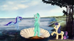 Size: 2000x1125 | Tagged: safe, artist:plotcore, derpibooru import, bon bon, lyra heartstrings, minuette, sweetie drops, earth pony, pony, unicorn, fine art parody, the birth of venus, trio