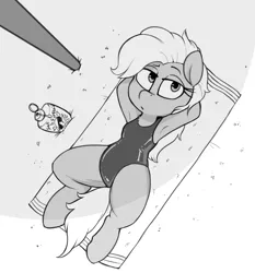 Size: 1204x1292 | Tagged: safe, artist:whydomenhavenipples, derpibooru import, grace manewitz, pony, arm behind head, armpits, beach, chest fluff, clothes, female, grace manewitz is an armpit slut, grayscale, lidded eyes, lying down, mare, monochrome, on back, one-piece swimsuit, solo, spread legs, spreading, sunscreen, swimsuit, towel