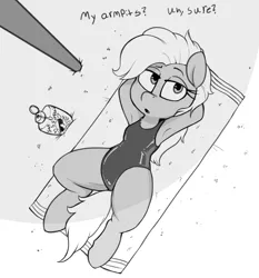 Size: 1204x1292 | Tagged: suggestive, artist:whydomenhavenipples, derpibooru import, grace manewitz, pony, arm behind head, armpit fetish, armpits, beach, chest fluff, clothes, dialogue, female, grace manewitz is an armpit slut, grayscale, lidded eyes, lying down, mare, monochrome, on back, one-piece swimsuit, solo, spread legs, spreading, sunscreen, swimsuit, towel