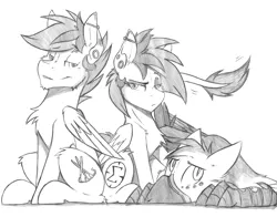 Size: 1280x1005 | Tagged: safe, artist:denzel, derpibooru import, oc, oc:ralek, oc:sapphire sights, oc:turquoise, unofficial characters only, gryphon, pegasus, pony, ear piercing, gauges, glare, monochrome, piercing, siblings, sketch, smug, traditional art, twins