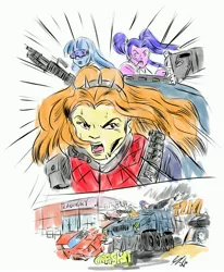 Size: 3328x4032 | Tagged: safe, artist:piojote, derpibooru import, adagio dazzle, aria blaze, sonata dusk, equestria girls, absurd resolution, comic, crossover, g.i. joe, gun, headset, machine gun, persuader tank, sweat, tank (vehicle), the dazzlings, weapon