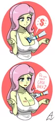 Size: 900x2000 | Tagged: suggestive, artist:acesrockz, derpibooru import, fluttershy, rainbow dash, equestria girls, atm, big breasts, blushing, body writing, breasts, busty fluttershy, cleavage, clothes, comic, credit card, dialogue, erect nipples, female, flutterdash, huge breasts, lesbian, nipple outline, nipples, offscreen character, shipping, smiling, tanktop, wat