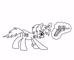 Size: 407x331 | Tagged: safe, artist:pizzamovies, derpibooru import, oc, oc:littlepip, unofficial characters only, pony, unicorn, fallout equestria, fanfic, black and white, fanfic art, female, glowing horn, grayscale, gun, handgun, hooves, horn, levitation, lineart, little macintosh, magic, mare, monochrome, optical sight, pipbuck, pistol, revolver, simple background, solo, telekinesis, weapon, white background