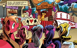 Size: 1040x656 | Tagged: safe, artist:andypriceart, derpibooru import, idw, big macintosh, cherry jubilee, mare do well, earth pony, pony, spoiler:comic, spoiler:comic10, animal house, back, barrier, collar, crowd, dead man's hand, deathmobile, dodge junction, float, hurdle, male, mane, official comic, parade, parade balloon, plot, ponyville, stallion, summer wrap up festival