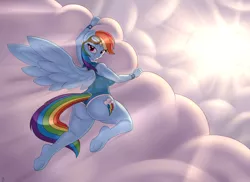 Size: 5500x4000 | Tagged: absurd resolution, anthro, artist:badgerben, ass, clothes, cloud, crepuscular rays, derpibooru import, female, flying, goggles, grin, looking at you, mare, pegasus, rainbow dash, rainbutt dash, smiling, solo, solo female, suggestive, underhoof, unguligrade anthro