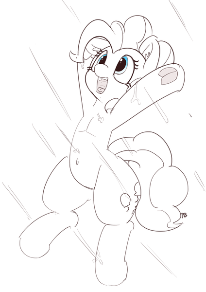 Size: 1280x1811 | Tagged: safe, artist:pabbley, derpibooru import, pinkie pie, pony, belly button, cute, diapinkes, monochrome, open mouth, partial color, rain, solo, underhoof, wet