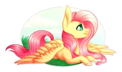 Size: 646x383 | Tagged: safe, artist:blitsazalisdash, artist:micky-ann, derpibooru import, fluttershy, pegasus, pony, collaboration, prone, solo