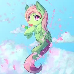 Size: 660x662 | Tagged: safe, artist:kawaiipony2, derpibooru import, oc, oc:spectral wind, unofficial characters only, pegasus, pony, cloud, commission, cute, eating, female, flower petals, food, mare, sky, solo