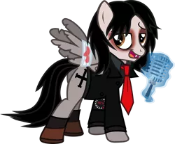Size: 1570x1299 | Tagged: safe, artist:lightningbolt, derpibooru import, part of a set, ponified, pegasus, pony, .svg available, armband, bags under eyes, bandage, blood, broken wing, button, clothes, emo, eyeliner, fangs, floating, gerard way, lidded eyes, looking back, magic, makeup, male, microphone, my chemical romance, necktie, open mouth, plot, shirt, shoes, simple background, smiling, socks, solo, spread wings, stallion, suit, svg, tattered, telekinesis, three cheers for sweet revenge, transparent background, undershirt, vector