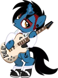 Size: 1068x1436 | Tagged: safe, artist:lightningbolt, derpibooru import, part of a set, ponified, pony, unicorn, .svg available, armband, bipedal, clothes, dyed mane, ear piercing, emo, eyeshadow, frank iero, gauges, glowing horn, guitar, guitar pick, guitar strap, hoof hold, horn piercing, lip piercing, looking back, magic, makeup, male, my chemical romance, open mouth, piercing, shirt, shoes, simple background, sneakers, socks, solo, stallion, svg, tattoo, three cheers for sweet revenge, transparent background, undercut, vector
