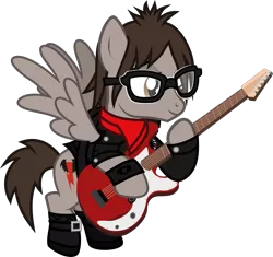 Size: 1392x1309 | Tagged: safe, artist:lightningbolt, derpibooru import, part of a set, ponified, pegasus, pony, .svg available, armband, bass guitar, buckle, clandestine industries, clothes, emo, flying, glasses, guitar, guitar pick, guitar strap, hood, hoof hold, jacket, male, mikey way, musical instrument, my chemical romance, scarf, shoes, simple background, smiling, socks, solo, spread wings, stallion, svg, three cheers for sweet revenge, transparent background, vector, wristband