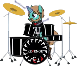 Size: 2585x2220 | Tagged: safe, artist:lightningbolt, derpibooru import, part of a set, ponified, pony, unicorn, .svg available, angry, annoyed, armband, bench, bob bryar, clothes, drums, drumsticks, ear piercing, emo, facial hair, gauges, glowing horn, horn piercing, lip piercing, magic, male, my chemical romance, necktie, piercing, shirt, simple background, sitting, stallion, suit, svg, three cheers for sweet revenge, transparent background, vector