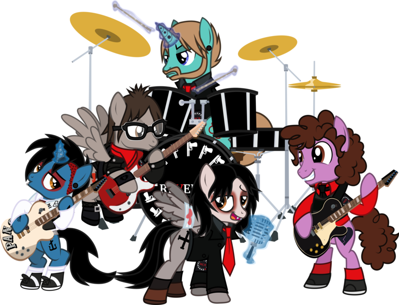 Size: 3654x2788 | Tagged: safe, artist:lightningbolt, derpibooru import, part of a set, ponified, earth pony, pegasus, pony, unicorn, .svg available, angry, annoyed, armband, bags under eyes, band, bandage, bass guitar, bench, bipedal, blood, bob bryar, broken wing, button, clothes, drums, drumsticks, dyed mane, ear piercing, emo, eyeliner, eyes on the prize, eyeshadow, facial hair, fangs, floating, flying, frank iero, frown, gauges, gerard way, glasses, glowing horn, group, guitar, guitar pick, guitar strap, hood, horn piercing, implied shipping, jacket, lip piercing, looking at each other, looking back, looking down, magic, makeup, male, microphone, mikey way, musical instrument, my chemical romance, necktie, open mouth, piercing, plot, ray toro, scarf, shirt, shoes, simple background, smiling, socks, spread wings, stallion, suit, svg, tattered, tattoo, three cheers for sweet revenge, transparent background, undercut, undershirt, vector, wristband