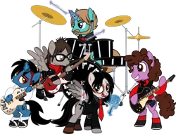 Size: 3654x2788 | Tagged: safe, artist:lightningbolt, derpibooru import, part of a set, ponified, earth pony, pegasus, pony, unicorn, .svg available, angry, annoyed, armband, bags under eyes, band, bandage, bass guitar, bench, bipedal, blood, bob bryar, broken wing, button, clothes, drums, drumsticks, dyed mane, ear piercing, emo, eyeliner, eyes on the prize, eyeshadow, facial hair, fangs, floating, flying, frank iero, frown, gauges, gerard way, glasses, glowing horn, group, guitar, guitar pick, guitar strap, hood, horn piercing, implied shipping, jacket, lip piercing, looking at each other, looking back, looking down, magic, makeup, male, microphone, mikey way, musical instrument, my chemical romance, necktie, open mouth, piercing, plot, ray toro, scarf, shirt, shoes, simple background, smiling, socks, spread wings, stallion, suit, svg, tattered, tattoo, three cheers for sweet revenge, transparent background, undercut, undershirt, vector, wristband