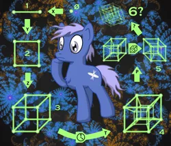 Size: 3500x3000 | Tagged: safe, artist:taterbiscit, derpibooru import, oc, oc:quasar, unofficial characters only, earth pony, pony, bed hair, chest fluff, dimensional, extradimensional, female, fractal background, math, paintdotnet, physics, quasar, science, solo, spacetime, tesseract, thinking