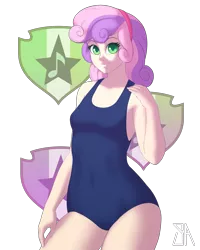 Size: 2400x3000 | Tagged: suggestive, artist:souladdicted, derpibooru import, sweetie belle, human, equestria girls, clothes, cutie mark, female, human coloration, humanized, looking at you, older, simple background, solo, solo female, swimsuit, the cmc's cutie marks, transparent background