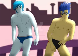 Size: 1600x1163 | Tagged: suggestive, artist:supermaxx92, derpibooru import, flash sentry, thunderbass, equestria girls, clothes, male, males only, model, partial nudity, sexy, shipping, speedo, thunderflash, topless, underwear, watermark