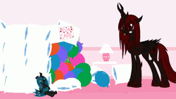 Size: 600x338 | Tagged: safe, artist:mixermike622, derpibooru import, queen chrysalis, oc, oc:fluffle puff, oc:marksaline, changeling, animated, balloon, canon x oc, charred, chrysipuff, couch, female, fun cave, gif, house, imminent boop, lesbian, poster, sharp teeth, shipping, static electricity, static shock, teeth, weapons-grade boop